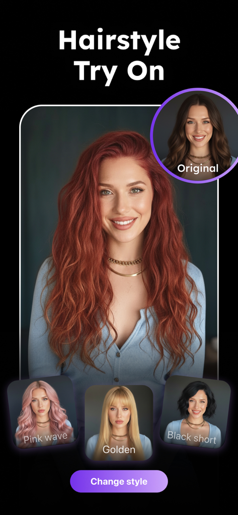 AI Photo Generator - Collart - さまざまな髪の色とスタイルでヘアスタイルの試着機能を示すAIフォトジェネレーターアプリのインターフェース