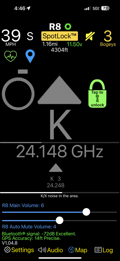 Interface of the R8 Companion app showing a radar detector heads up display with frequency alerts and volume controls