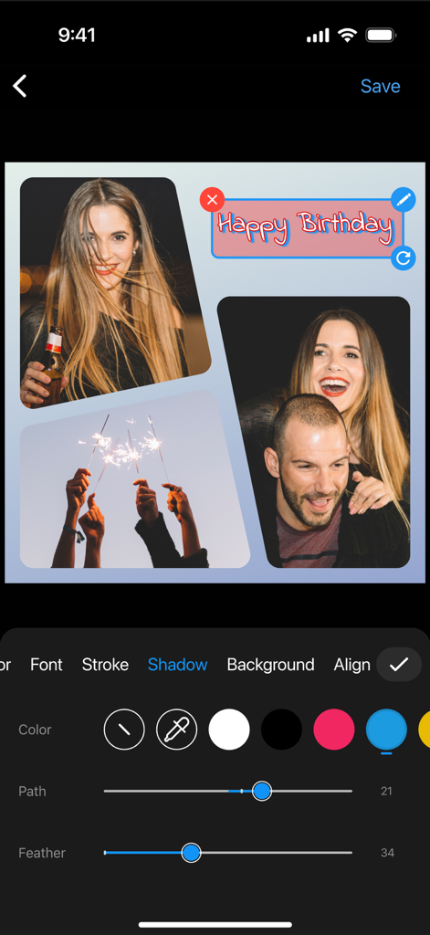 Layout for Instagram: Collage - A mobile photo editor interface showing a birthday collage with text shadow customization options.