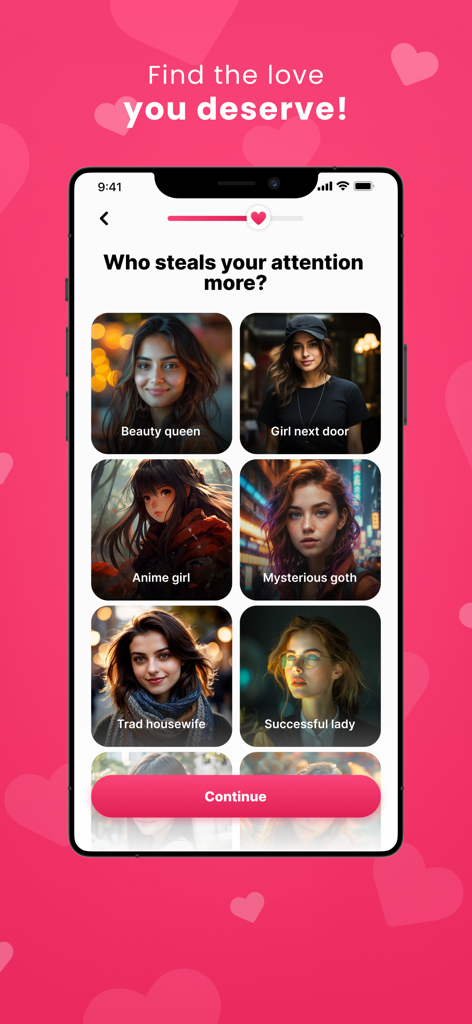 AI Dating: Character AI - Uma tela móvel mostrando vários arquétipos de personagens como Rainha da Beleza e Garota de Anime para ajudar a IA a combinar usuários.