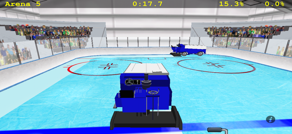 A 3D simulation of a blue Zamboni ice resurfacer cleaning a professional hockey arena rink with crowds in the background