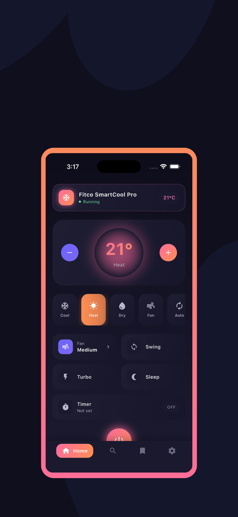 Smart AC Remote Control - Schermata dello smartphone che mostra l'app Smart AC Remote Control con impostazioni di temperatura e modalità in un moderno tema scuro.