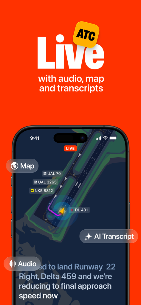 ATC Live Air Traffic Radioアプリのインターフェース、航空機追跡とリアルタイムAI音声文字起こしを備えた空港マップを表示
