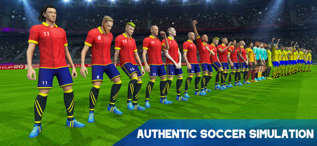 Real Soccer – Football Games - スタジアムのピッチに並ぶ、赤と青のユニフォームを着た3Dサッカー選手たち。