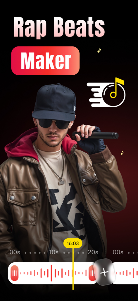 A rapper holding a microphone with an audio waveform on the AI Rap Song Maker app screen