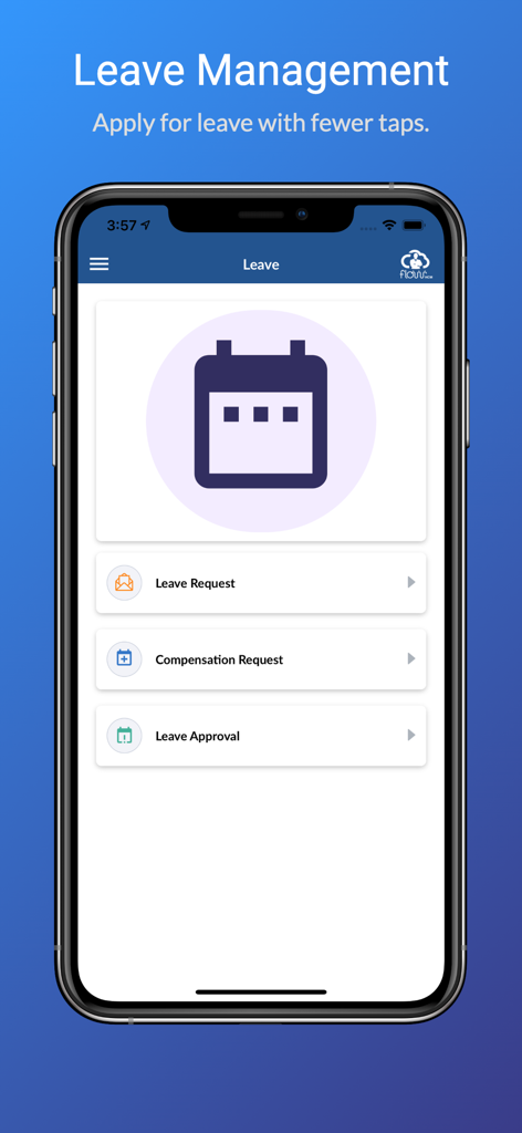 FlowHCM mobile app leave management interface showing options for leave and compensation requests