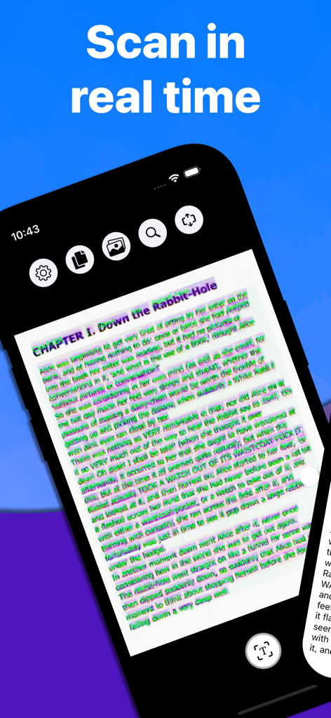 Text Capture app scanning a book page in real-time using OCR technology.