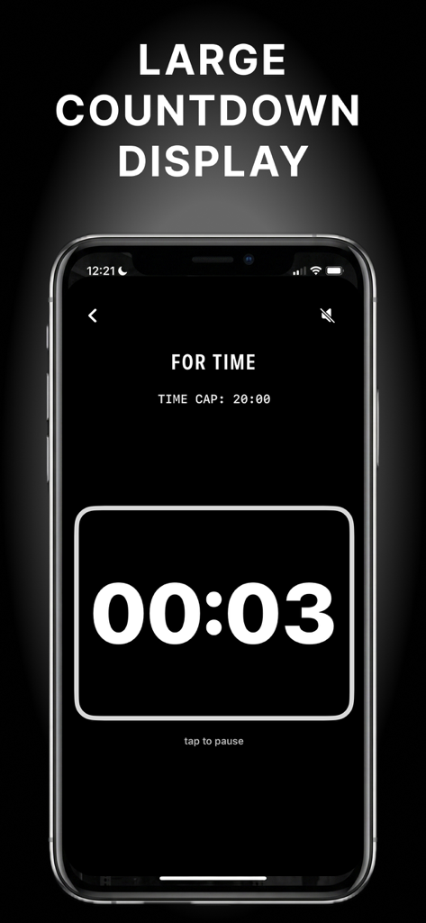 The WOD Timer - A large countdown display on The WOD Timer app screen showing a For Time workout timer with three seconds remaining.