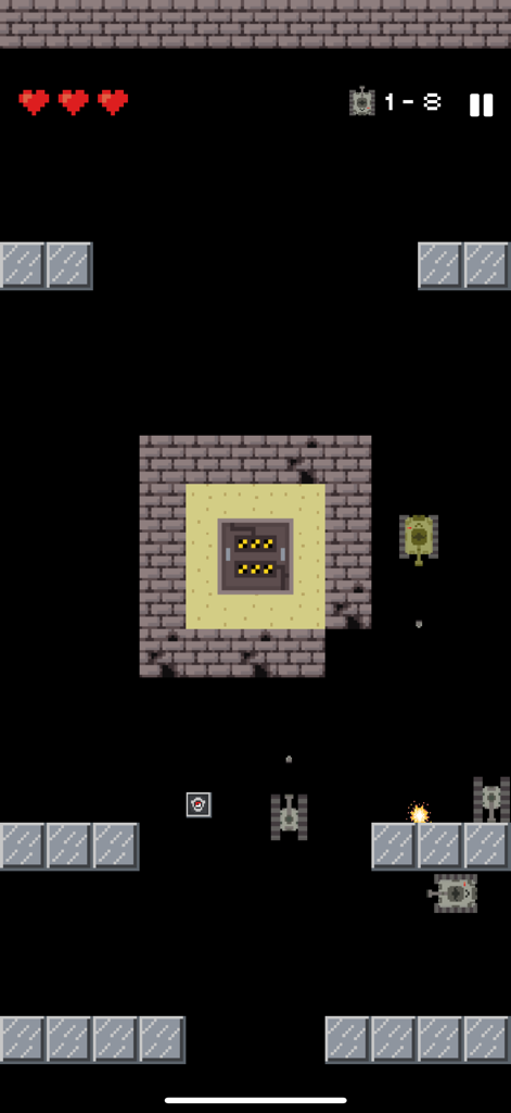 Tank - Armored Warfare - Jogabilidade 2D em pixel art de cima para baixo mostrando um tanque defendendo um reator central contra tanques inimigos com uma barra de vida e indicador de nível.