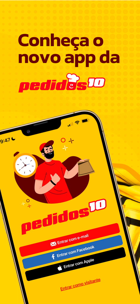 pedidos10 delivery app login screen featuring courier illustration and sign in options