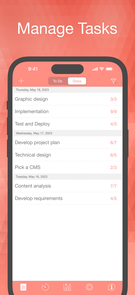Be Focused Pro - Focus Timer - Écran d'iPhone affichant l'interface de l'application Be Focused Pro avec une liste de tâches terminées et d'intervalles de concentration organisés par date.
