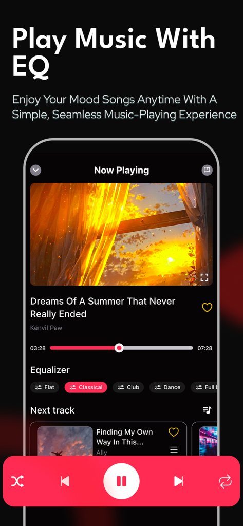 Player EQ - Music, Videos - Screenshot of the Player EQ music player app showing the Now Playing screen with a song progress bar and audio equalizer presets.