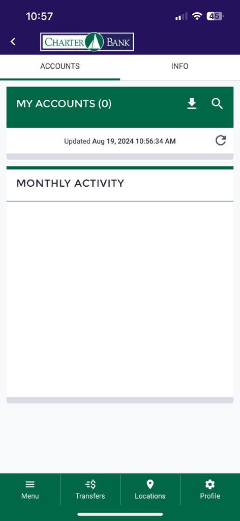 CharterBanker - Charter Bank mobile app account dashboard showing monthly activity and account balance sections