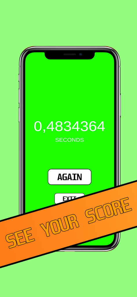 Reaction Time Test - Simple - Smartphone screen showing a reaction time test score in seconds on a green background.