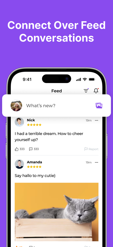 Parlor: The Social Talking App - Interface do aplicativo Parlor mostrando um feed social com posts de usuários sobre pensamentos pessoais e fotos de animais de estimação para iniciar conversas.