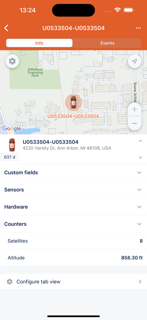 FleetFACTZ - FleetFACTZ app interface displaying a vehicle's real-time GPS location on a map with operational data such as address and altitude.