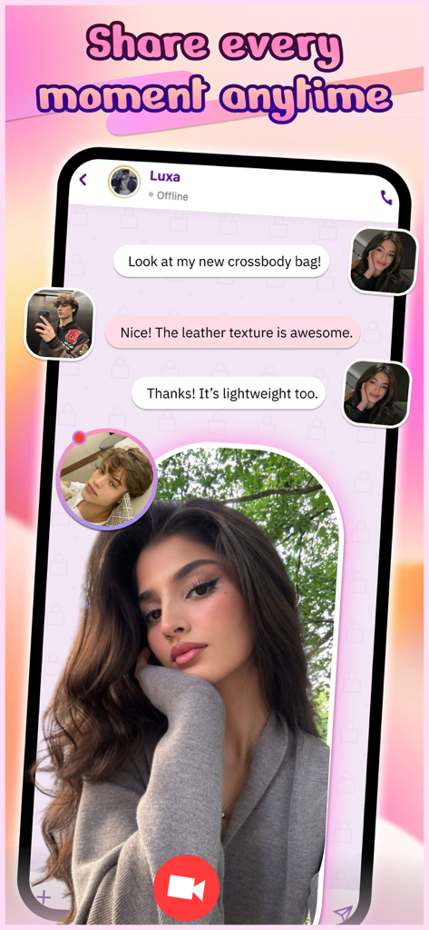 Amity - Chat - Interface of the Amity Chat app showing a conversation between two users discussing a new handbag.
