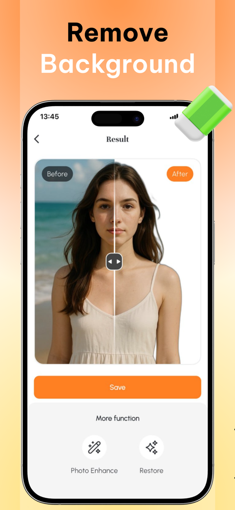 Auralis: AI Photo Studio - A split screen demonstration of the background removal feature in the Auralis AI Photo Studio app showing a portrait before and after editing.