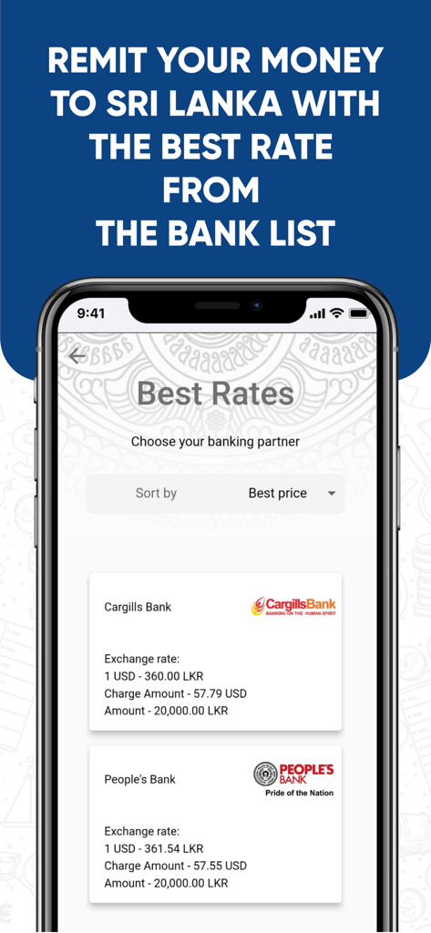 LankaRemit - Uma tela no aplicativo LankaRemit comparando as taxas de câmbio de vários bancos cingaleses para transferências de dinheiro de USD para LKR.