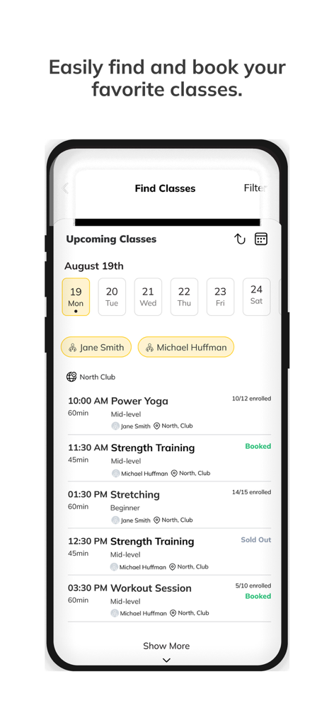 Athletica Health and Fitness App Bildschirm zum Finden und Buchen von bevorstehenden Fitnesskursen
