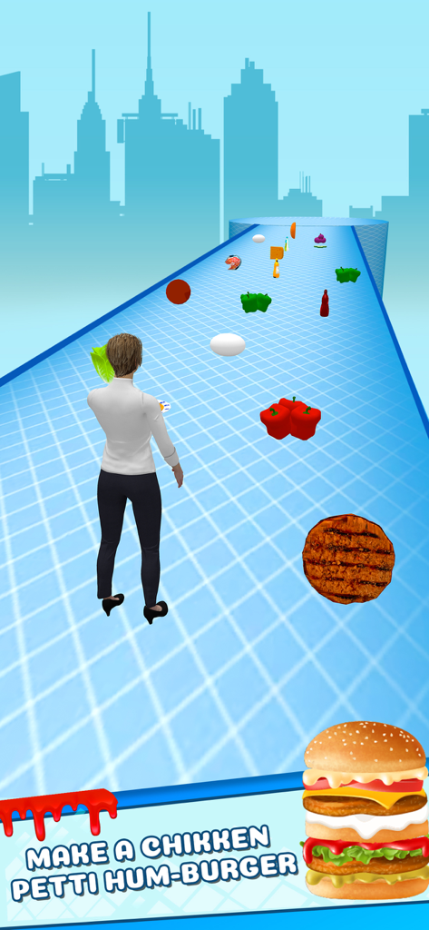 Burger Please Run Stack Game - A character in a burger runner game collects ingredients like patties and vegetables on a city track