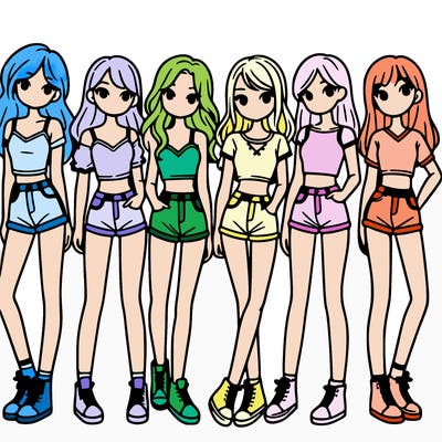 a group of girls wearing crop tops and shorts