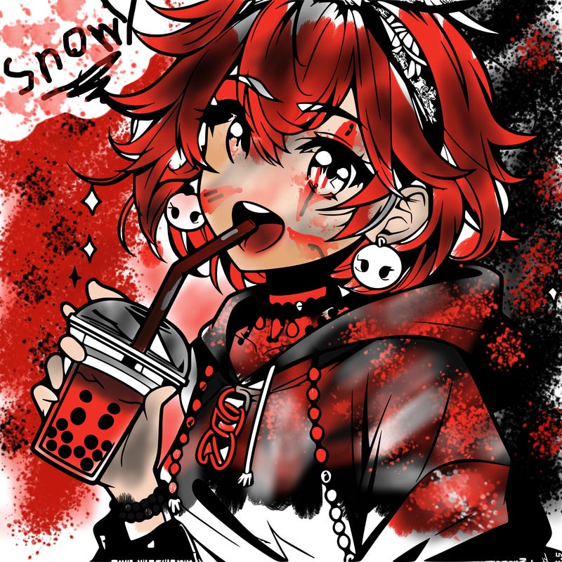hot baddie anime girl drinking boba and biting the straw