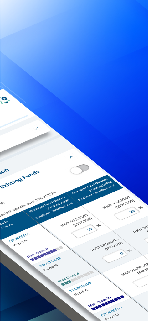 iFAST ePENSION mobile app interface showing existing fund balances and risk classes in HKD