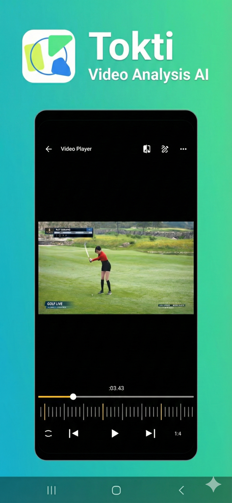 TOKTI - Video Analysis AI - TOKTI app interface showing a golf swing video being analyzed with playback controls