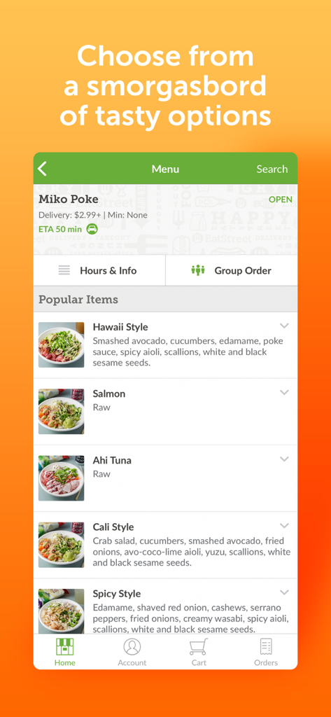 EatStreet Local Food Delivery - EatStreet mobile app showing a restaurant menu for Miko Poke with various bowl options and group ordering feature