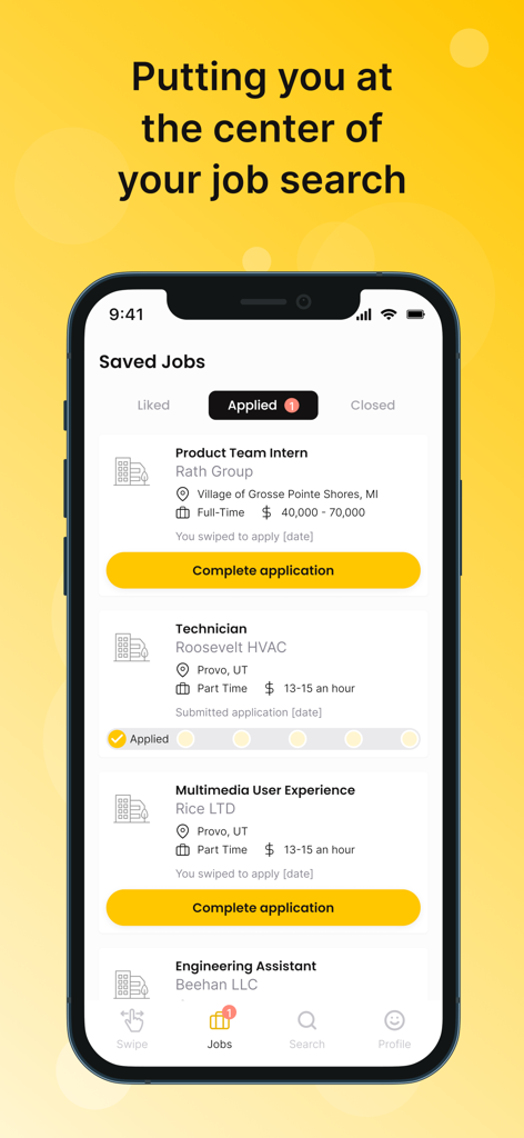Obra app screen displaying a list of applied job positions and application statuses