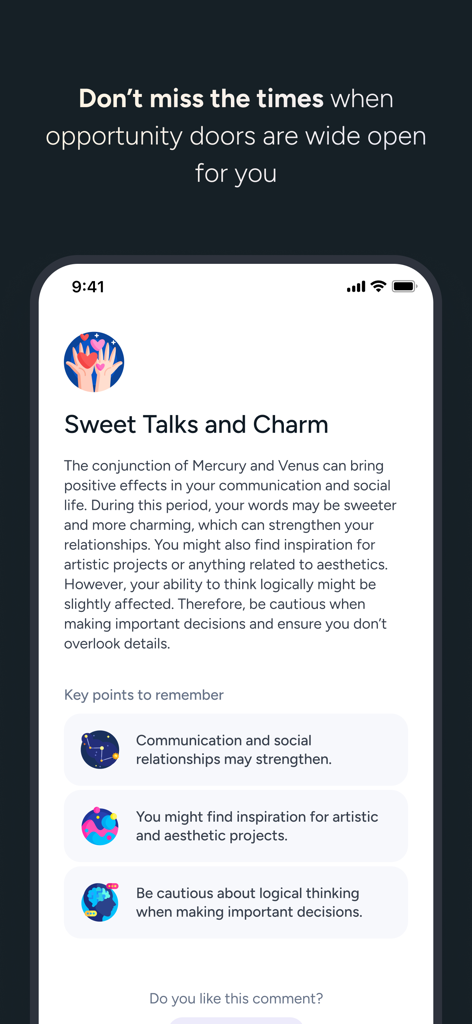 Captura de tela do aplicativo Stellium mostrando uma análise de trânsito astrológico personalizada intitulada 'Conversas Doces e Charme', destacando comunicação e inspiração artística.