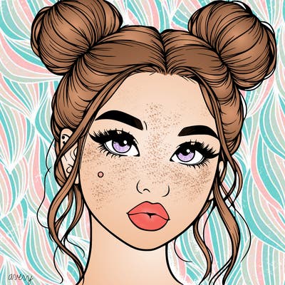 realistic girl with two buns on her hair and lips