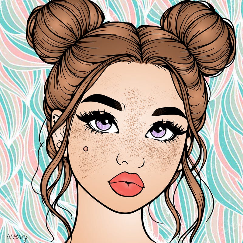 realistic girl with two buns on her hair and lips