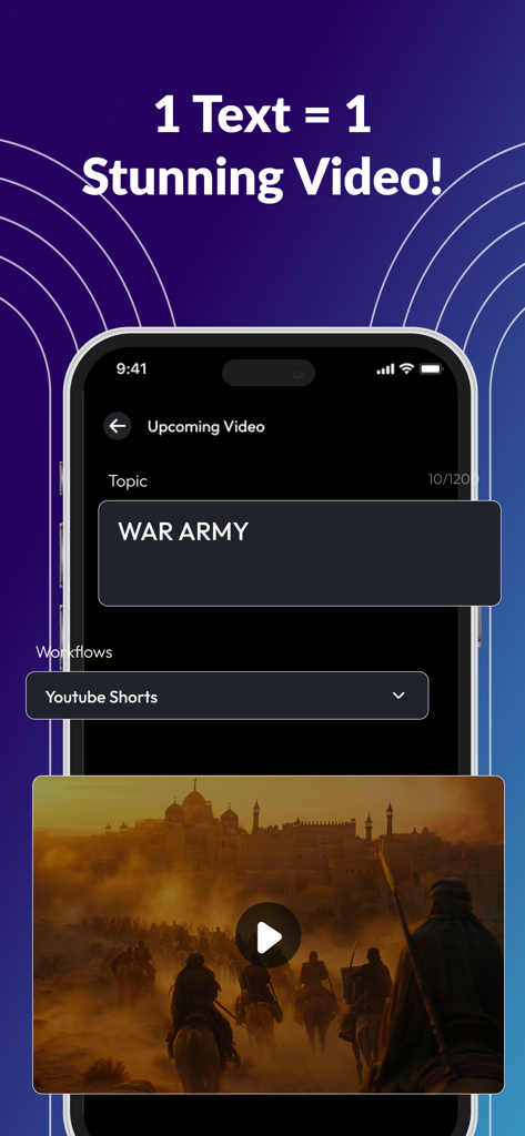 Text to Video AI Generator - iPhone screen showing the Text to Video AI Generator app interface creating a YouTube Short from the prompt War Army