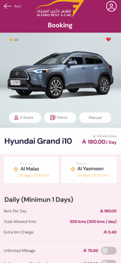 Alfaris Rent A Car - App screen showing car rental booking details including vehicle specifications, price per day, and pickup and return locations.