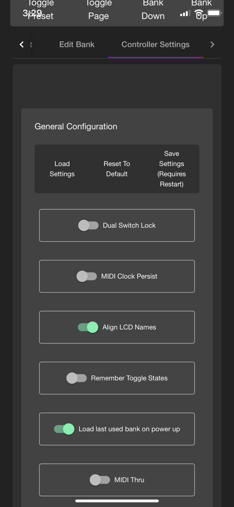 General configuration screen of the Morningstar MIDI Editor showing various controller settings and toggles