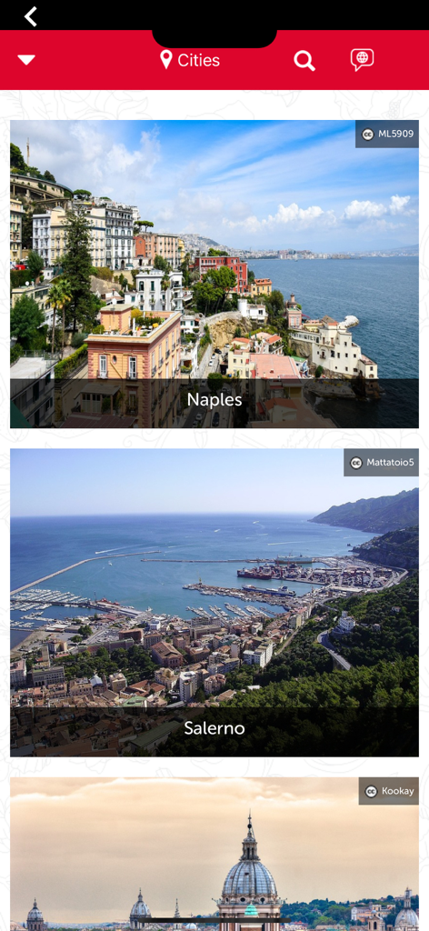 FRECCIAPlay app screen displaying a travel guide for Italian cities including Naples and Salerno.