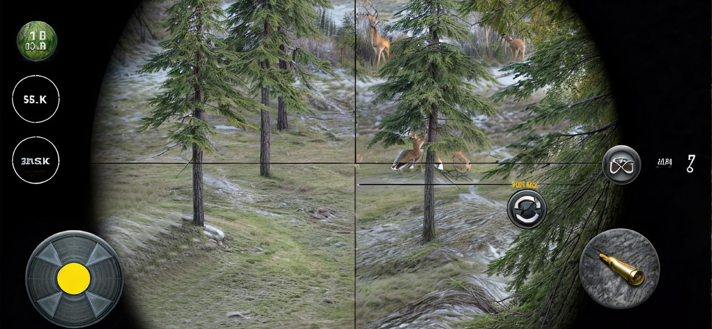 Sniper Wild Animal Hunting 3D - First person sniper scope view aiming at a deer in a forest environment