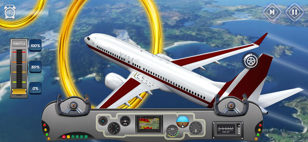 A passenger airplane flying through a golden ring checkpoint in the City Airplane Pilot Flight Sim game.