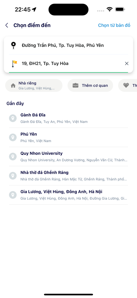Lets Go Taxi - Lets Go Taxi app interface showing destination selection and recent locations in Vietnam