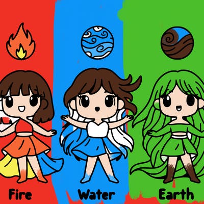 make an elemental group of 4 girls one is fire the second is water, the third is wind, and the 4th is earth