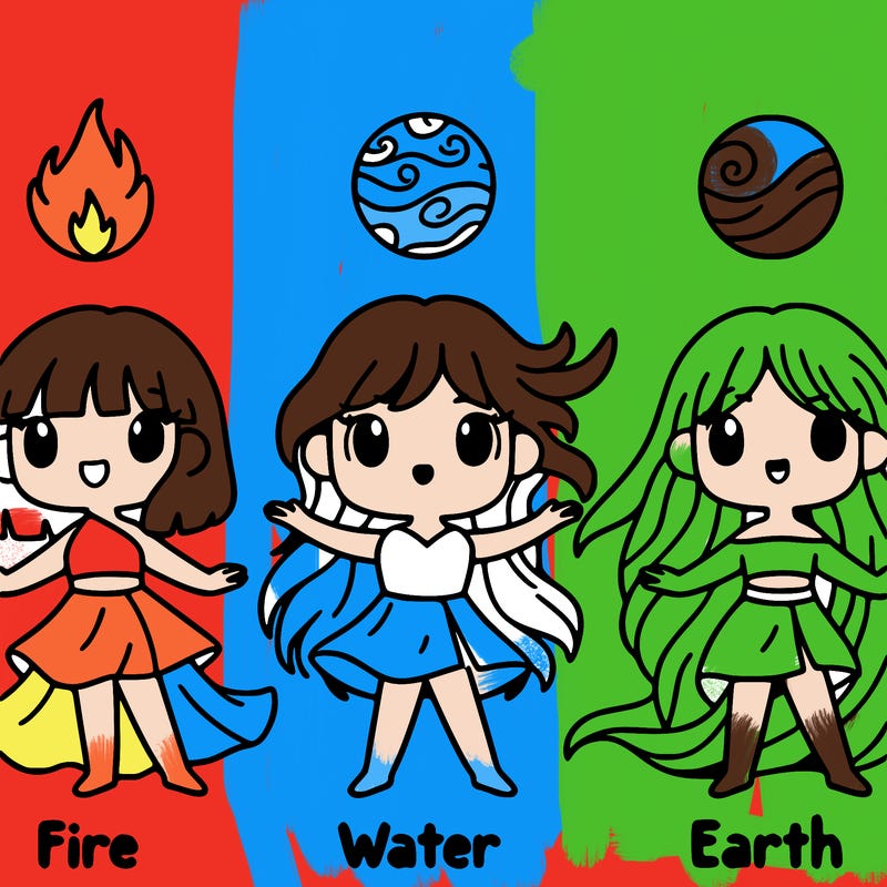 make an elemental group of 4 girls one is fire the second is water, the third is wind, and the 4th is earth