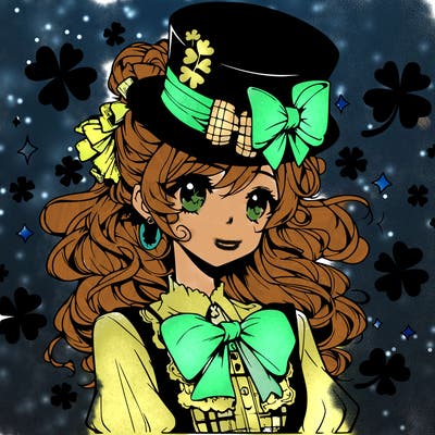 a manga-style girl with clovers around her, a little hat in her hair, like it's saint patrick's day