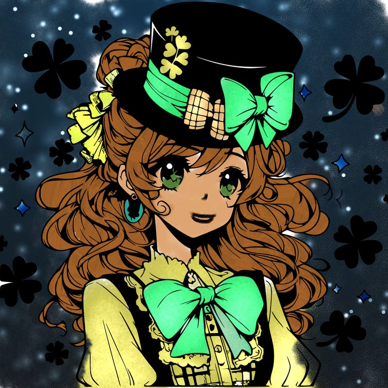 a manga-style girl with clovers around her, a little hat in her hair, like it's saint patrick's day