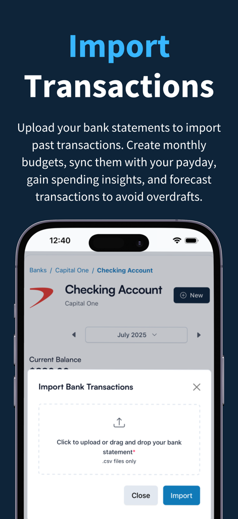 Koody - Budget & Bills Tracker - Mobile app interface of Koody showing a CSV bank statement import modal for transaction tracking.