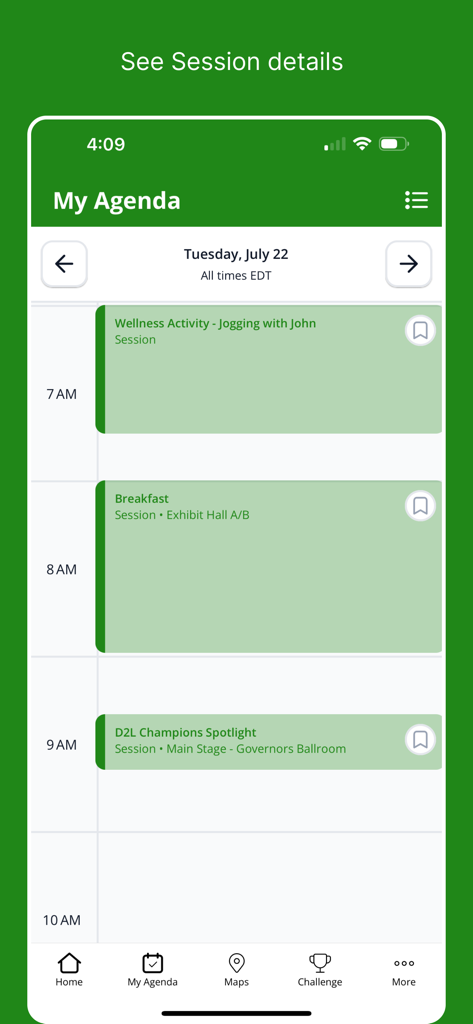 D2L Fusion mobile app interface displaying a personalized conference agenda for Tuesday July 22 with session details and schedule