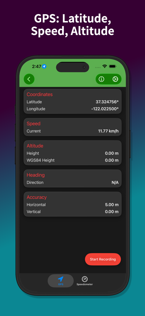 Physics Toolbox Sensor Suite - GPS座標、速度、高度の測定値を表示しているPhysics Toolbox Sensor Suiteアプリの画面