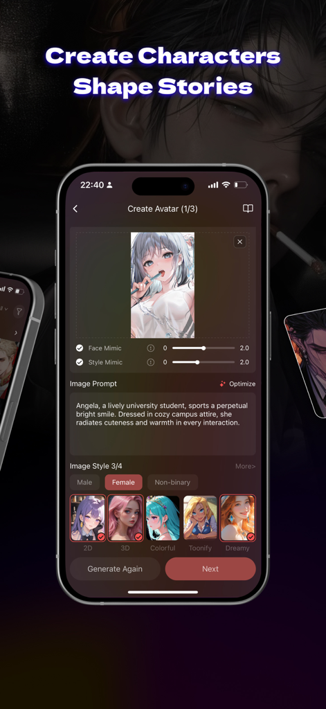 Tipsy Chat: Live Your Story - Pantalla móvil de la interfaz de creación de personajes de IA en la aplicación Tipsy Chat, incluyendo selección de estilo y indicaciones de texto