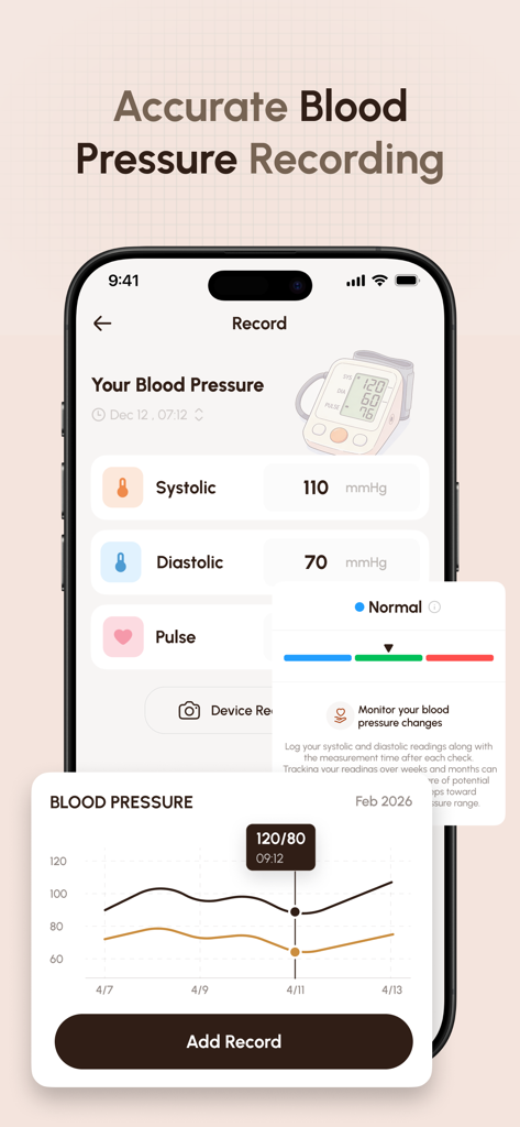 SmartBP Log & Tracker - Interfaz de la aplicación SmartBP para registrar la presión arterial y ver tendencias de salud.